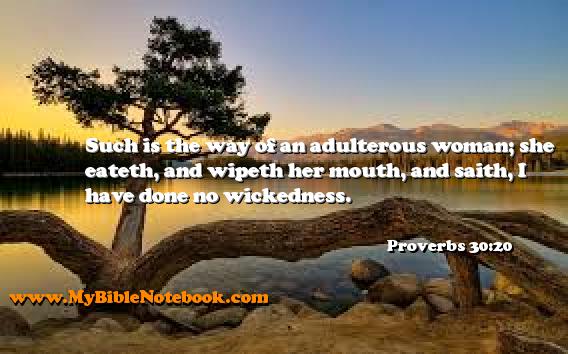 Proverbs 30:20 Such is the way of an adulterous woman; she eateth, and wipeth her mouth, and saith, I have done no wickedness. Create your own Bible Verse Cards at MyBibleNotebook.com