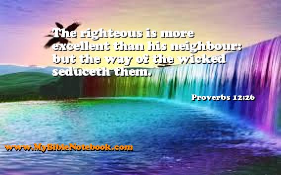 Proverbs 12:26 The righteous is more excellent than his neighbour: but the way of the wicked seduceth them. Create your own Bible Verse Cards at MyBibleNotebook.com