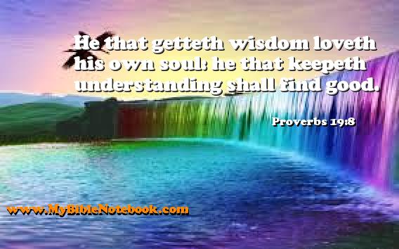 Proverbs 19:8 He that getteth wisdom loveth his own soul: he that keepeth understanding shall find good. Create your own Bible Verse Cards at MyBibleNotebook.com
