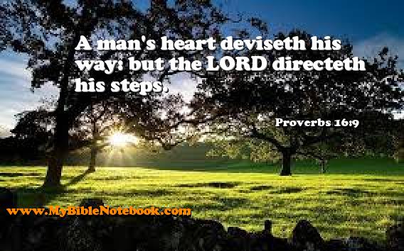 Proverbs 16:9 A man's heart deviseth his way: but the LORD directeth his steps. Create your own Bible Verse Cards at MyBibleNotebook.com