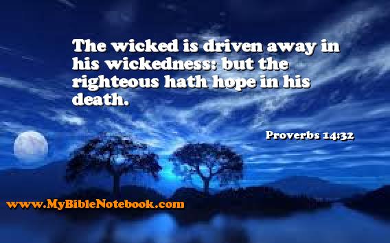 Proverbs 14:32 The wicked is driven away in his wickedness: but the righteous hath hope in his death. Create your own Bible Verse Cards at MyBibleNotebook.com