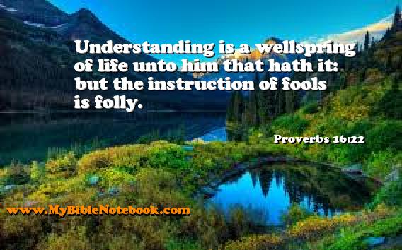Proverbs 16:22 Understanding is a wellspring of life unto him that hath it: but the instruction of fools is folly. Create your own Bible Verse Cards at MyBibleNotebook.com