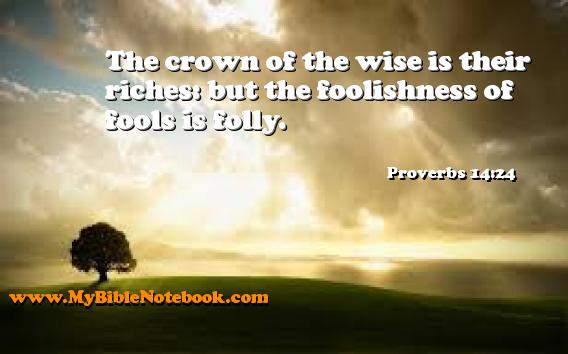 Proverbs 14:24 The crown of the wise is their riches: but the foolishness of fools is folly. Create your own Bible Verse Cards at MyBibleNotebook.com