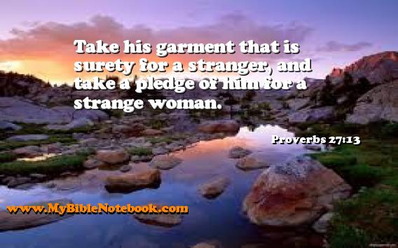 Proverbs 27:13 Take his garment that is surety for a stranger, and take a pledge of him for a strange woman. Create your own Bible Verse Cards at MyBibleNotebook.com