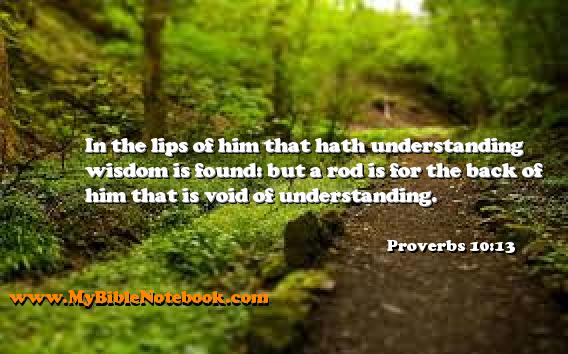 Proverbs 10:13 In the lips of him that hath understanding wisdom is found: but a rod is for the back of him that is void of understanding. Create your own Bible Verse Cards at MyBibleNotebook.com
