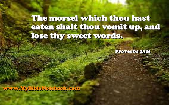Proverbs 23:8 The morsel which thou hast eaten shalt thou vomit up, and lose thy sweet words. Create your own Bible Verse Cards at MyBibleNotebook.com