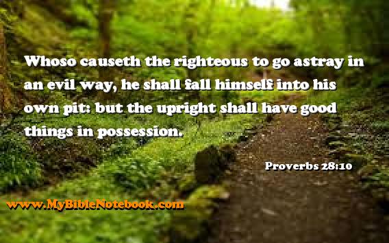 Proverbs 28:10 Whoso causeth the righteous to go astray in an evil way, he shall fall himself into his own pit: but the upright shall have good things in possession. Create your own Bible Verse Cards at MyBibleNotebook.com