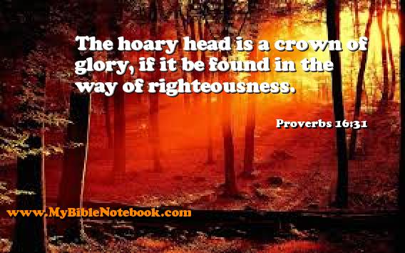 Proverbs 16:31 The hoary head is a crown of glory, if it be found in the way of righteousness. Create your own Bible Verse Cards at MyBibleNotebook.com