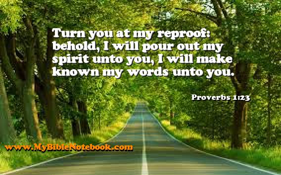 Proverbs 1:23 Turn you at my reproof: behold, I will pour out my spirit unto you, I will make known my words unto you. Create your own Bible Verse Cards at MyBibleNotebook.com