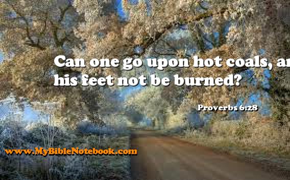 Proverbs 6:28 Can one go upon hot coals, and his feet not be burned? Create your own Bible Verse Cards at MyBibleNotebook.com