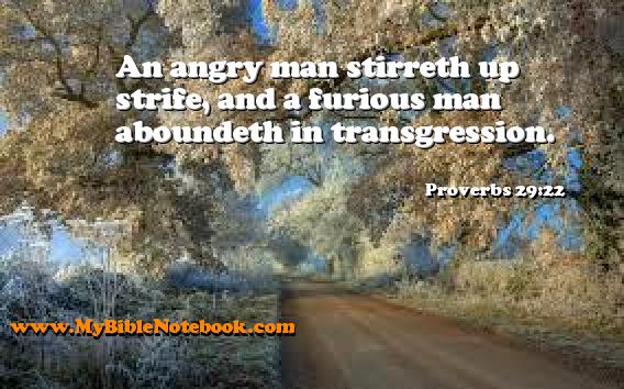 Proverbs 29:22 An angry man stirreth up strife, and a furious man aboundeth in transgression. Create your own Bible Verse Cards at MyBibleNotebook.com
