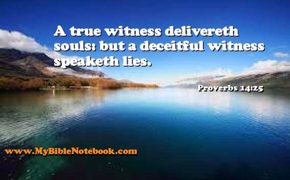 Proverbs 14:25 A true witness delivereth souls: but a deceitful witness speaketh lies. Create your own Bible Verse Cards at MyBibleNotebook.com
