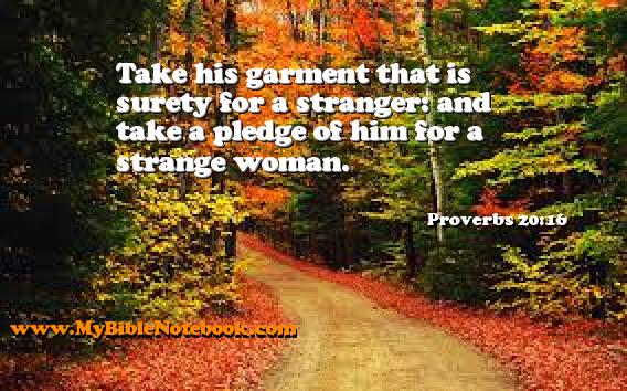 Proverbs 20:16 Take his garment that is surety for a stranger: and take a pledge of him for a strange woman. Create your own Bible Verse Cards at MyBibleNotebook.com