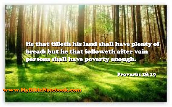 Proverbs 28:19 He that tilleth his land shall have plenty of bread: but he that followeth after vain persons shall have poverty enough. Create your own Bible Verse Cards at MyBibleNotebook.com