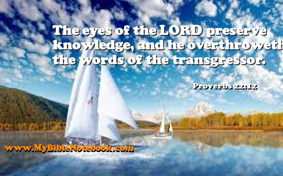 Proverbs 22:12 The eyes of the LORD preserve knowledge, and he overthroweth the words of the transgressor. Create your own Bible Verse Cards at MyBibleNotebook.com