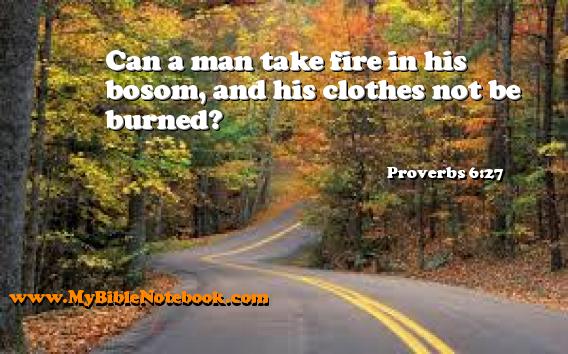 Proverbs 6:27 Can a man take fire in his bosom, and his clothes not be burned? Create your own Bible Verse Cards at MyBibleNotebook.com