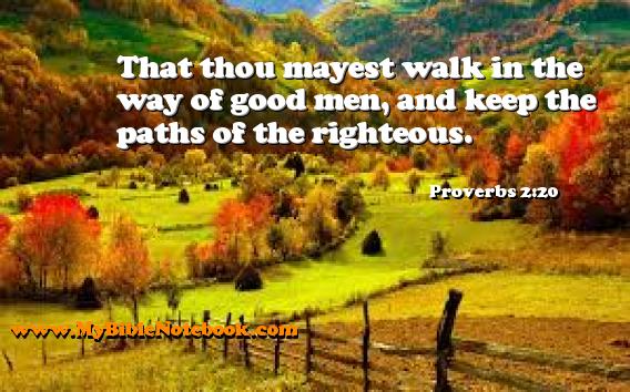 Proverbs 2:20 That thou mayest walk in the way of good men, and keep the paths of the righteous. Create your own Bible Verse Cards at MyBibleNotebook.com