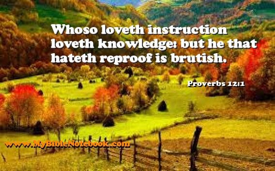 Proverbs 12:1 Whoso loveth instruction loveth knowledge: but he that hateth reproof is brutish. Create your own Bible Verse Cards at MyBibleNotebook.com