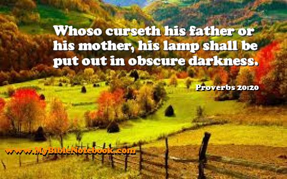 Proverbs 20:20 Whoso curseth his father or his mother, his lamp shall be put out in obscure darkness. Create your own Bible Verse Cards at MyBibleNotebook.com