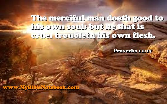 Proverbs 11:17 The merciful man doeth good to his own soul: but he that is cruel troubleth his own flesh. Create your own Bible Verse Cards at MyBibleNotebook.com
