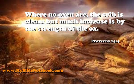 Proverbs 14:4 Where no oxen are, the crib is clean: but much increase is by the strength of the ox. Create your own Bible Verse Cards at MyBibleNotebook.com