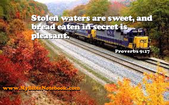 Proverbs 9:17 Stolen waters are sweet, and bread eaten in secret is pleasant. Create your own Bible Verse Cards at MyBibleNotebook.com