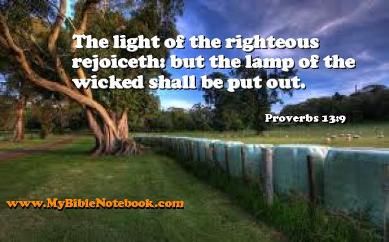 Proverbs 13:9 The light of the righteous rejoiceth: but the lamp of the wicked shall be put out. Create your own Bible Verse Cards at MyBibleNotebook.com