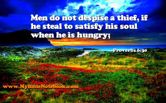 Proverbs 6:30 Men do not despise a thief, if he steal to satisfy his soul when he is hungry; Create your own Bible Verse Cards at MyBibleNotebook.com