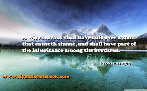 Proverbs 17:2 A wise servant shall have rule over a son that causeth shame, and shall have part of the inheritance among the brethren. Create your own Bible Verse Cards at MyBibleNotebook.com