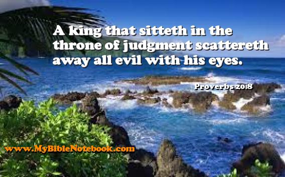 Proverbs 20:8 A king that sitteth in the throne of judgment scattereth away all evil with his eyes. Create your own Bible Verse Cards at MyBibleNotebook.com