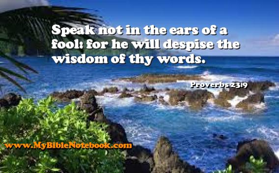 Proverbs 23:9 Speak not in the ears of a fool: for he will despise the wisdom of thy words. Create your own Bible Verse Cards at MyBibleNotebook.com