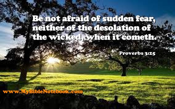 Proverbs 3:25 Be not afraid of sudden fear, neither of the desolation of the wicked, when it cometh. Create your own Bible Verse Cards at MyBibleNotebook.com