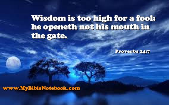 Proverbs 24:7 Wisdom is too high for a fool: he openeth not his mouth in the gate. Create your own Bible Verse Cards at MyBibleNotebook.com