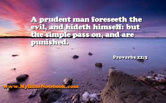 Proverbs 22:3 A prudent man foreseeth the evil, and hideth himself: but the simple pass on, and are punished. Create your own Bible Verse Cards at MyBibleNotebook.com