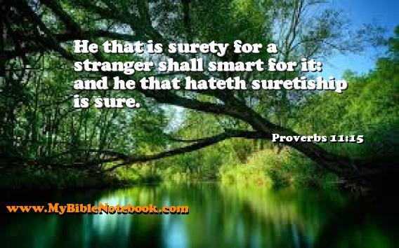 Proverbs 11:15 He that is surety for a stranger shall smart for it: and he that hateth suretiship is sure. Create your own Bible Verse Cards at MyBibleNotebook.com