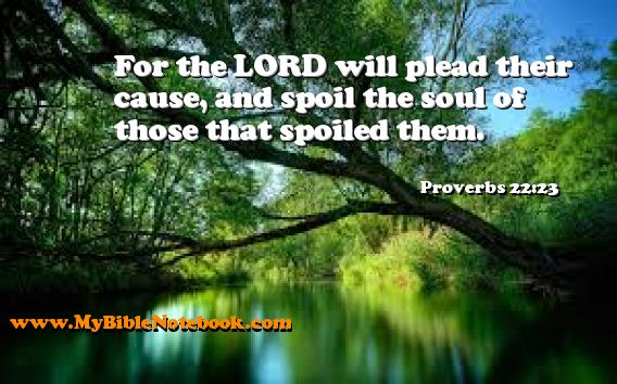 Proverbs 22:23 For the LORD will plead their cause, and spoil the soul of those that spoiled them. Create your own Bible Verse Cards at MyBibleNotebook.com