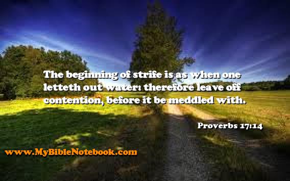 Proverbs 17:14 The beginning of strife is as when one letteth out water: therefore leave off contention, before it be meddled with. Create your own Bible Verse Cards at MyBibleNotebook.com