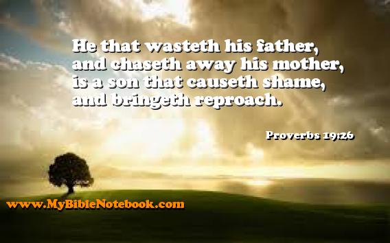 Proverbs 19:26 He that wasteth his father, and chaseth away his mother, is a son that causeth shame, and bringeth reproach. Create your own Bible Verse Cards at MyBibleNotebook.com