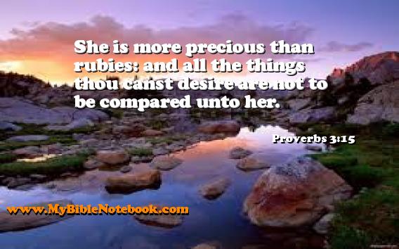 Proverbs 3:15 She is more precious than rubies: and all the things thou canst desire are not to be compared unto her. Create your own Bible Verse Cards at MyBibleNotebook.com