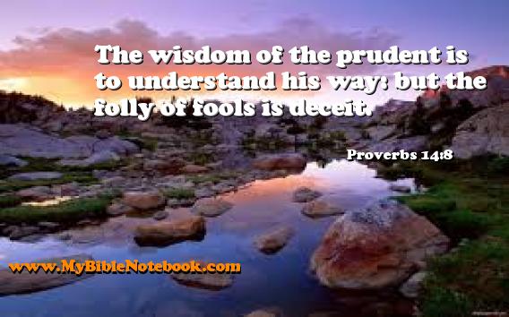 Proverbs 14:8 The wisdom of the prudent is to understand his way: but the folly of fools is deceit. Create your own Bible Verse Cards at MyBibleNotebook.com