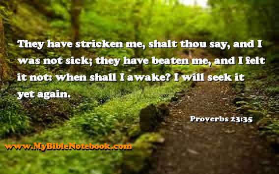 Proverbs 23:35 They have stricken me, shalt thou say, and I was not sick; they have beaten me, and I felt it not: when shall I awake? I will seek it yet again. Create your own Bible Verse Cards at MyBibleNotebook.com