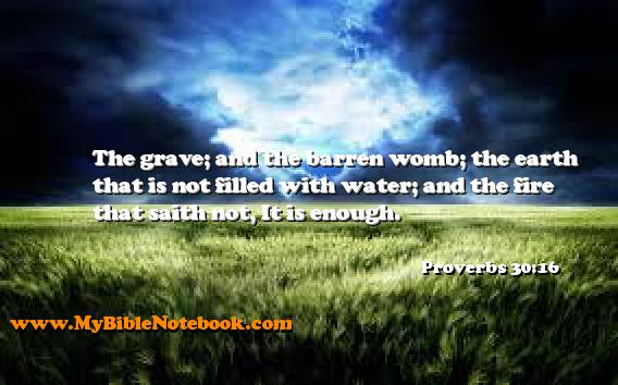 Proverbs 30:16 The grave; and the barren womb; the earth that is not filled with water; and the fire that saith not, It is enough. Create your own Bible Verse Cards at MyBibleNotebook.com