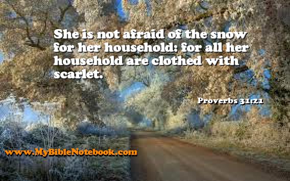 Proverbs 31:21 She is not afraid of the snow for her household: for all her household are clothed with scarlet. Create your own Bible Verse Cards at MyBibleNotebook.com