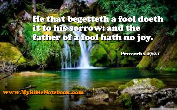 Proverbs 17:21 He that begetteth a fool doeth it to his sorrow: and the father of a fool hath no joy. Create your own Bible Verse Cards at MyBibleNotebook.com