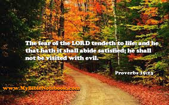 Proverbs 19:23 The fear of the LORD tendeth to life: and he that hath it shall abide satisfied; he shall not be visited with evil. Create your own Bible Verse Cards at MyBibleNotebook.com