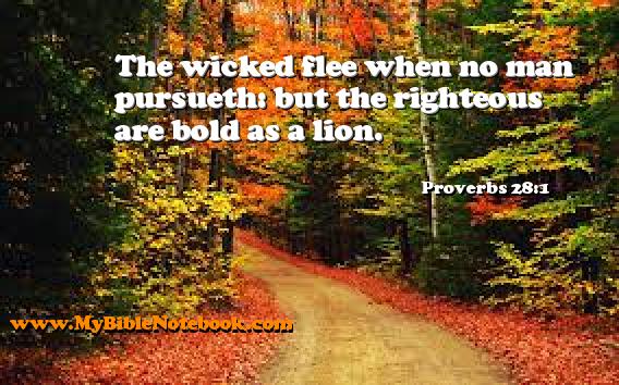 Proverbs 28:1 The wicked flee when no man pursueth: but the righteous are bold as a lion. Create your own Bible Verse Cards at MyBibleNotebook.com