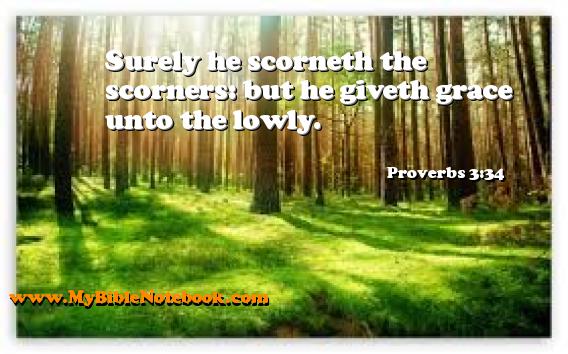 Proverbs 3:34 Surely he scorneth the scorners: but he giveth grace unto the lowly. Create your own Bible Verse Cards at MyBibleNotebook.com