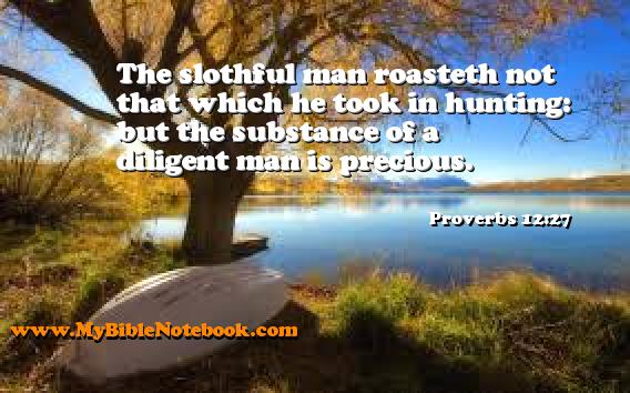 Proverbs 12:27 The slothful man roasteth not that which he took in hunting: but the substance of a diligent man is precious. Create your own Bible Verse Cards at MyBibleNotebook.com