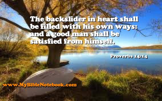 Proverbs 14:14 The backslider in heart shall be filled with his own ways: and a good man shall be satisfied from himself. Create your own Bible Verse Cards at MyBibleNotebook.com