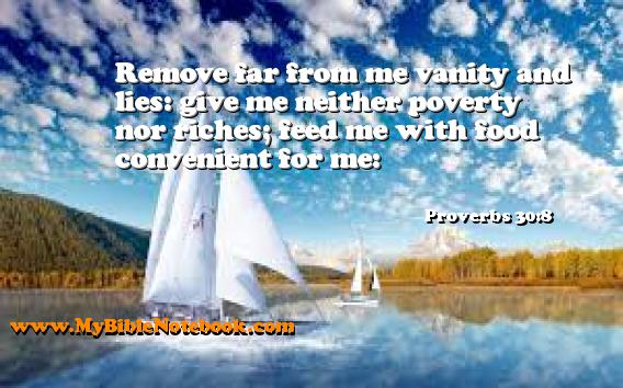 Proverbs 30:8 Remove far from me vanity and lies: give me neither poverty nor riches; feed me with food convenient for me: Create your own Bible Verse Cards at MyBibleNotebook.com